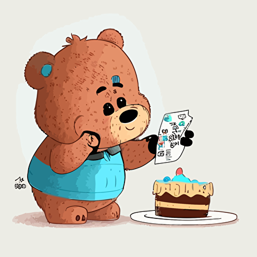 a vector image of a cute bear eating cake and looking at his pay check. in the style of pixar