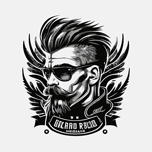 motorcycle club logo, mustache and mohawk hipster, simple vector, black and white, bottom ribbons