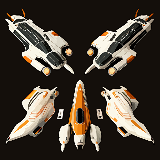 3 orange and white space ships on black background, top-down view, clean, simple, no shadows, vector
