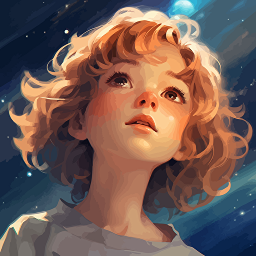 little girl with light brown short wavy curly hair and blue eyes floating in space, gazing in wonder at a quasar, Clear, detailed face. Clean Cel shaded vector art by lois van baarle, artgerm, Helen huang, by makoto shinkai and ilya kuvshinov, rossdraws, illustration