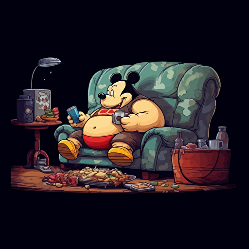 sad, obese Mickey mouse sitting on couch watching TV in his boxers. Giant burger on the table. Trashy apartment. High detail. 16k. Vector image. Black background. Five o clock shadow.