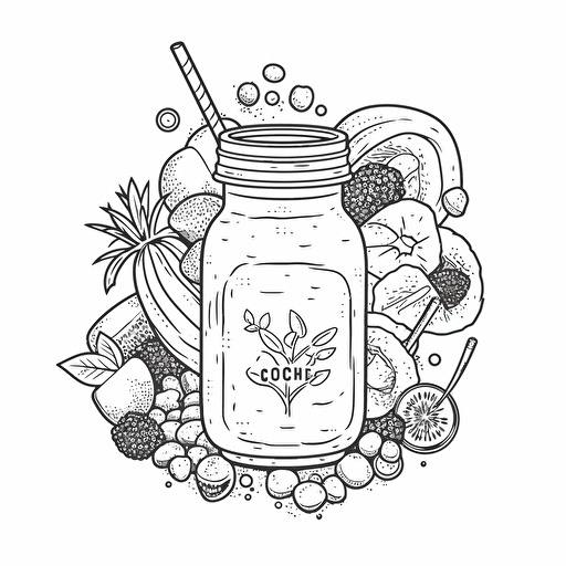vector black and white line drawing logo for a supplement smoothie company. "Healthy": a consciously crafted confections for positive change. A strong continuous line black and white ink line drawing hyper-minimalist logo style. white background. Gucci style