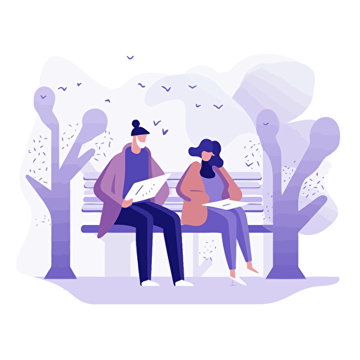two people sitting on a bench reading a book. Artsy flat vector illustration, light purples, white background
