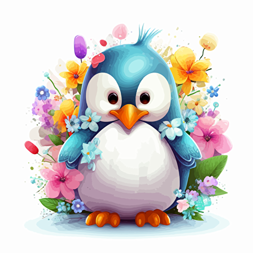 lucky penguin, flowers, detailed, cartoon style, 2d clipart vector, creative and imaginative, hd, white background