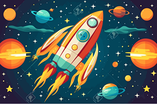 starry space sky, with vector image rockets flying through space, background design, HD,
