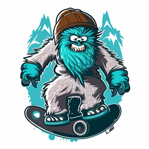 yeti with a snowboard, vector logo, vector art, emblem, simple cartoon, 2d