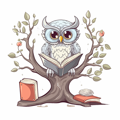kids storybook style, a happy Owl reading a book, gray color, cream color owl, sitting on a branch, white background, vector illustration, illustration