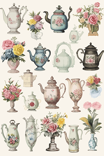 resoulution300, cmyk, sticker sheet of different types of antique tea pot set, flowers, soft pastel color, antique style, white background, hd, gouache, notoverlapeachother,only6imagesperonesheet, whitevector