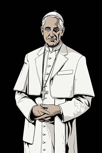 pope francis, wearing a white stylish trendy collared lapel dress suit, black background, 80s comic style vector poster,