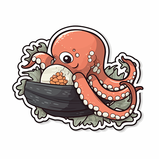 octopus eating sushi, sticker, Hand drawn style, vector, White background,