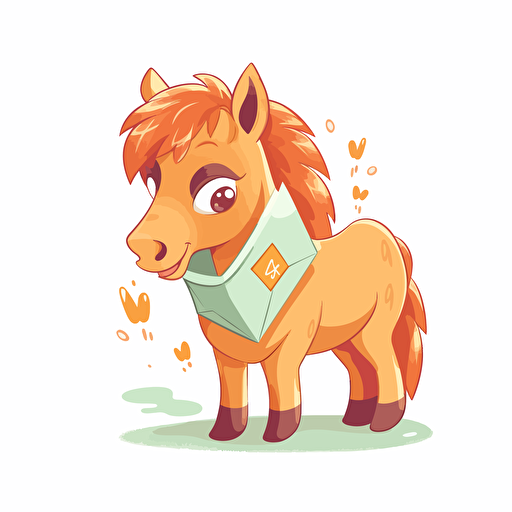 cute horse holding a letter in an envelope in mouth, simple vector flat illustration, white background