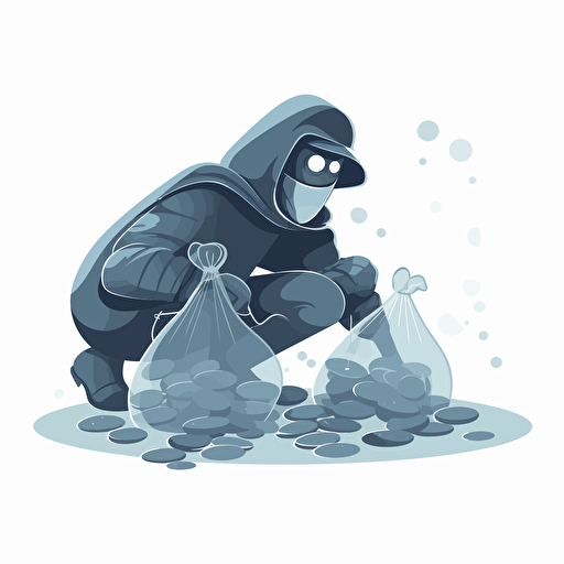 a vector image of a burgler who is carrrying a translucent bag of coins. The coins have copyright symbol minted on it