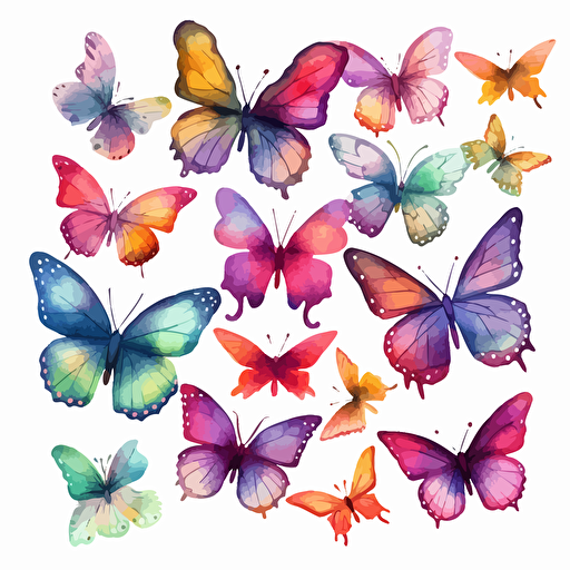 whimsical watercolor illustration of many multicolored butterflies, vector on white background