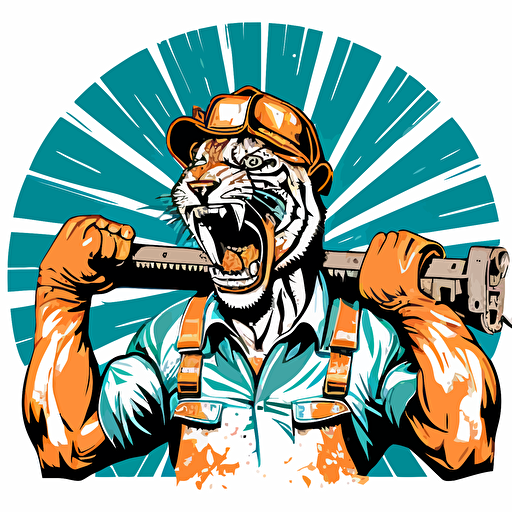 tiger head roaring with muscular man body and hard hat with large pipe wrench resting on shoulder in industrial background in the oil field, vector art, cartoon, white background, tough, dirty, mean, blue collar work, logo vector art**