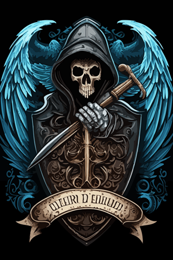 hooded reaper with sword shield and wings vector art style moral patch