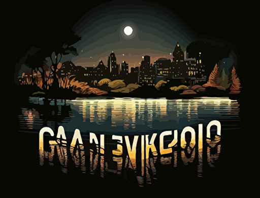 vector image, illustration, logo style, nighttime lake in Oakland California , in the style of text and emoji installations, the san francisco renaissance., stockphoto, iconic civil rights imagery, spot metering, glowing lights, vancouver school