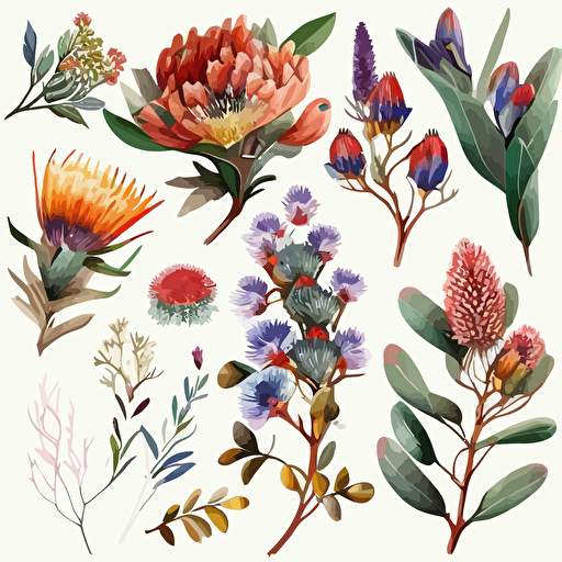 A collection on TRANSparent background with australian native flowers, watercolour, vector, clipart, intricate, ultra