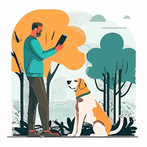 vector image flat style of guy checking phone and surprised, outside of dog grooming job.
