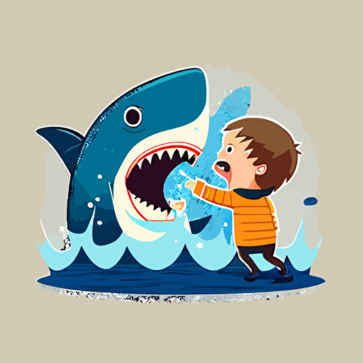 shark biting a child on the water pixar style, 2d flat design, vector, cut sticker