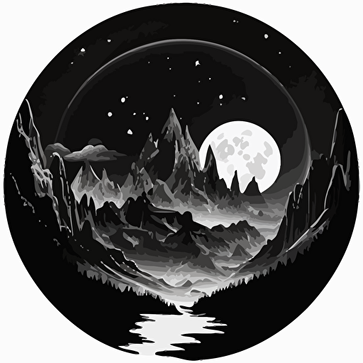 fantastical mountain range at night drawing, monotone, single layer, no shadows, #000000, 700mm diameter perfect circle, black outer border, vector art