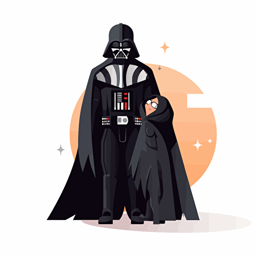 A beautiful darth vader mother with his son, goofy looking, smiling, minimalistic, flat light, white background, vector art, pixar style