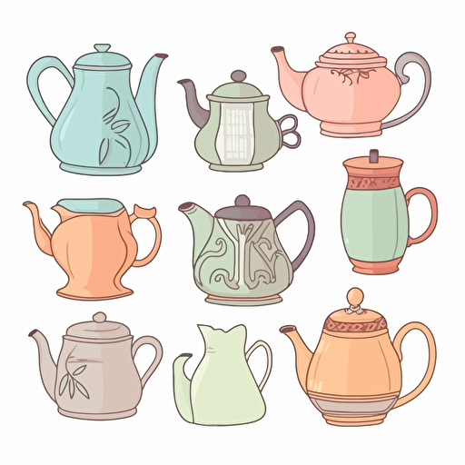 sticker sheet of different types of antique tea pot, pendrawing, soft pastel color, white background, vector