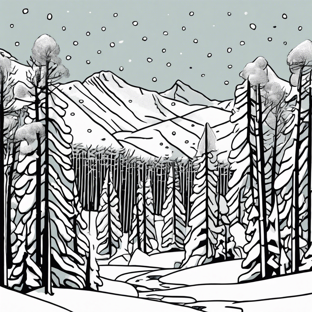 Snow-covered trees in a quiet forest, illustration in the style of Matt Blease, illustration, flat, simple, vector