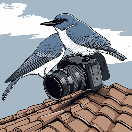 apus apus on a shingled rooftop taking photos with a DSLR on a tripod, vector image, simple, three color, blue, black, white,