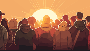 A warm sunny summer day approaching sunset as background context. Wide angle image. vector art, softly colored modern day people who have gathered to pray, They are huddled closely together praying with heads bowed and holding each other's hands, facing the horizon. Make the angle wide angle with some depth of field .