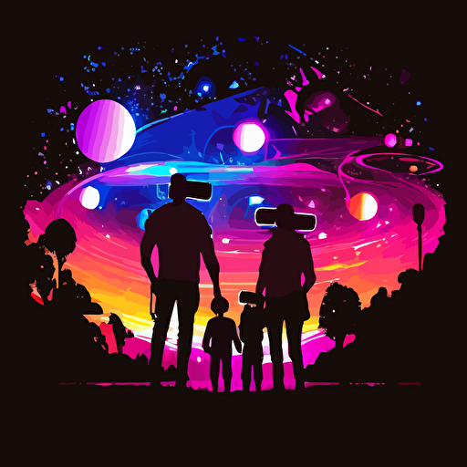 silhouette of a family overlooking a new universe with VR headsets on, vectorized, neon colors