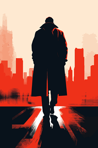 a gangster boss wearing a coat and walking, the backgroundis split half in red color half in white color, in the style of simplistic vector art, cityscape formated from the two colors red in the white portion and white in the red portion, film noir, poster art, realist detail, careful composition, stencil-based