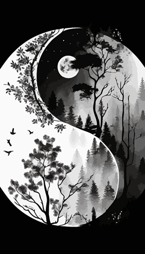 yin and yang ☯️, nature, forest, black and white, abstract, vector art, minimalistic