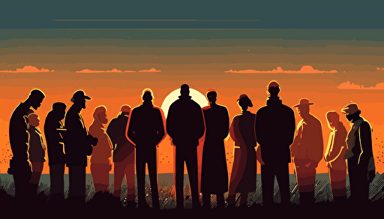 WIDE ANGLE shot perspective. Vector Art, A SMALL GROUP of modern day Christians of all ages, have gathered casually to pray together as the sun goes down, The Sun is starting to set on this warm summer day on the distant horizon in the background of the image. The people are attired for the summer. They are huddled together, praying arm in arm with their heads bowed, The are facing the beautiful sun as it begins to set on the distant horizon. Soft, richly colored image.