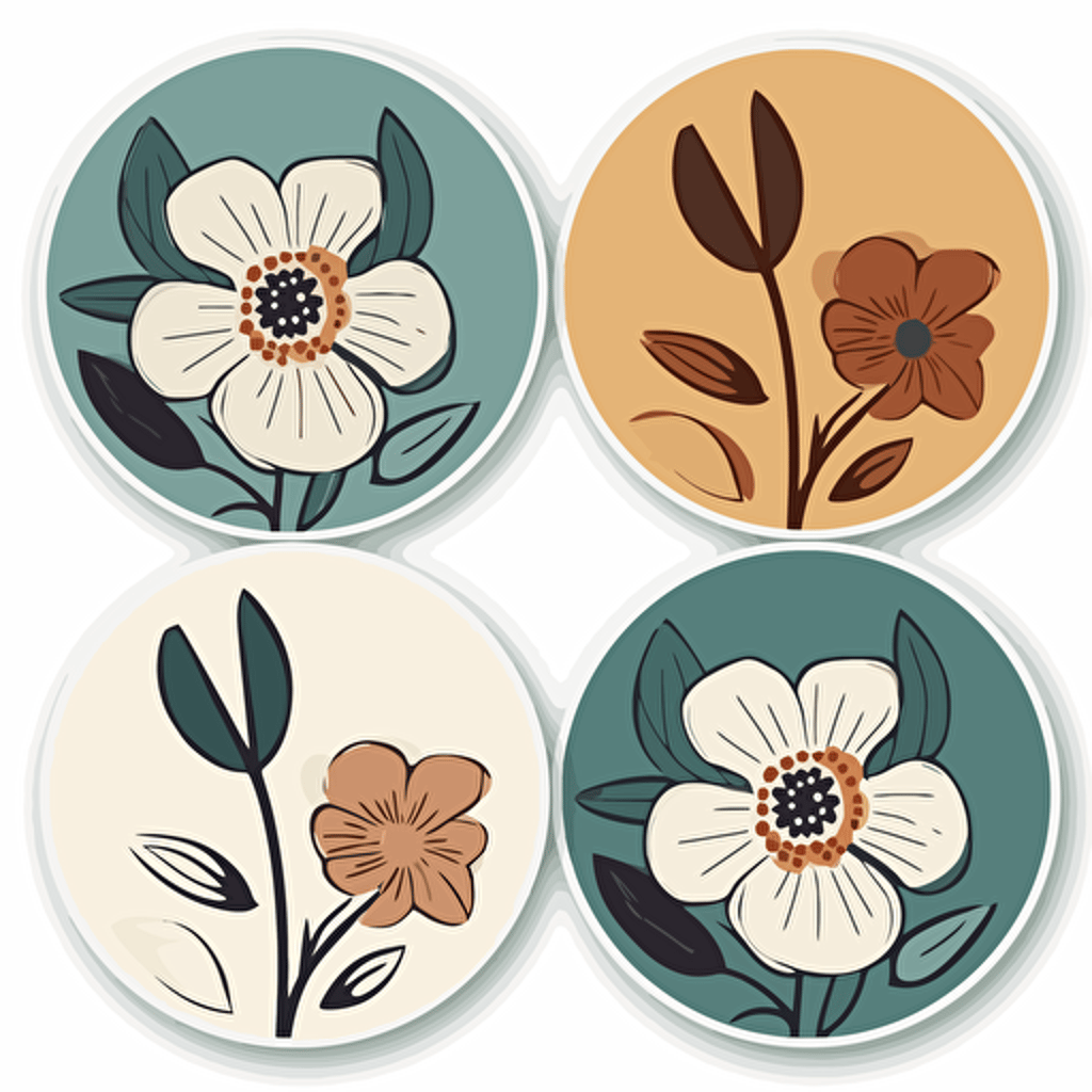sticker design , retro flowers sticker designs, flat vector, made in illustrator, 3 colours per flow, white/transparent background high quality