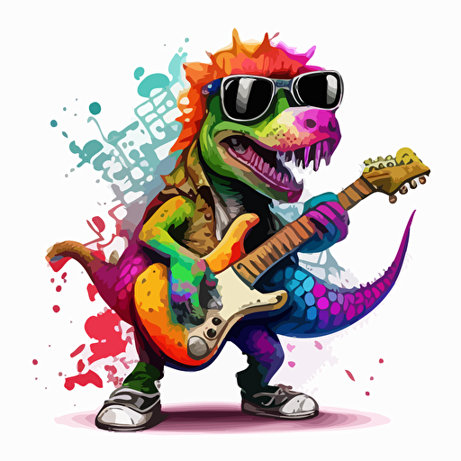 a very cute baby tyrannosaurus wearing very big sunglasses dressed up as a rockstar with a guitar, as a cartoon type, as a vector, white background, bright graffiti colors with music notes all over