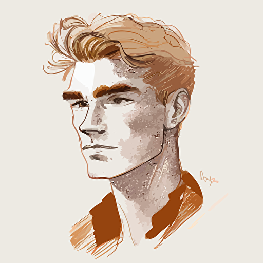 Young man, brown eyes, tapered dark autumn gold hair, no other distinctive features, focused stoic demeanor, meditation, headshot, muted colors, simplistic, vectorized, pencil sketch