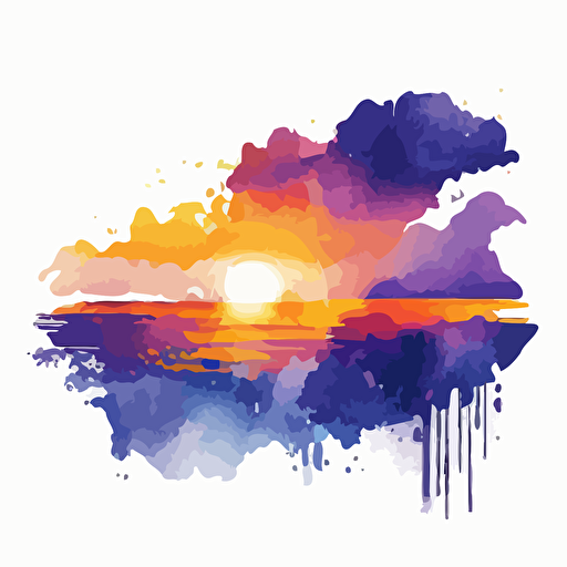watercolor effect of sunrise over the ocean, dreamy, white background, fading edges, navy, orange and purple, happy, celebration, vector art, refined edges