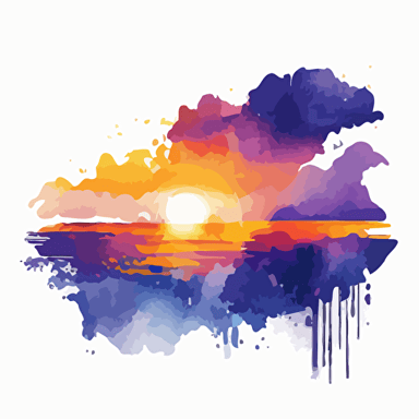 watercolor effect of sunrise over the ocean, dreamy, white background, fading edges, navy, orange and purple, happy, celebration, vector art, refined edges