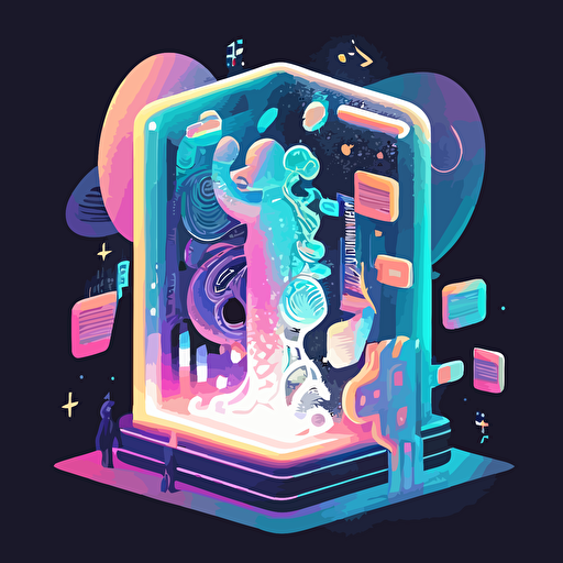 "In the bustling center of a digital exchange, a resplendent digital hologram stands tall, adorned with unique patterns and colors, surrounded by a fluid aura protecting ownership and security, with digits and symbols interwoven into a rotating nebula, symbolizing the vibrancy of NFTs in the world of blockchain transactions. Flat illustration, UI illustration, GUI, Minimalism, dark background, vector, trending on Dribbble, Pinterest."