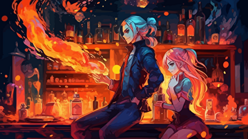 an anime extremely detail bartender guy and a young lady with an amazing uniform very fashionable doing some drinks with fire, flying bottles vibrant colors, hyper resolution vector fantasy