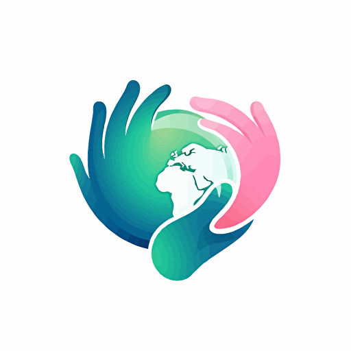 Abstract minimalistic sliced vector logo of a hand cupping a heart shaped earth, blue, green and pink