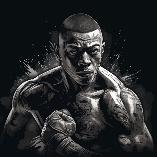 hyper detailed vector illustration of mma fighter shadowboxing, black white and grays, black background, poster quality