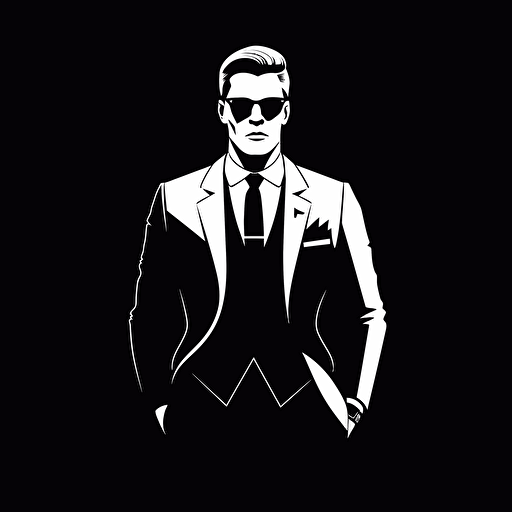 Kingsman Simple Vector Logo Kingsman Protagonist Front Suit Black Background Holding a gun in white color and contrast