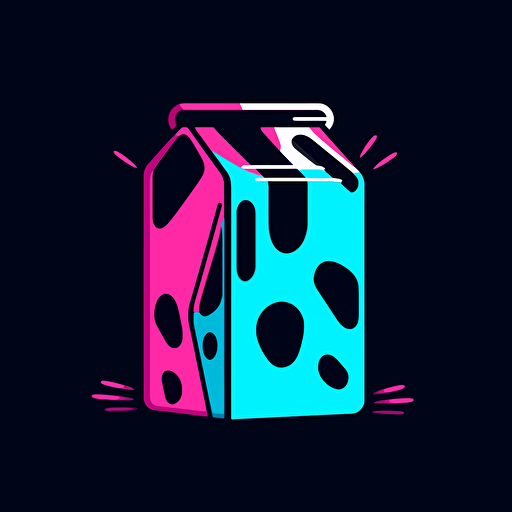 milk carton logo, flat image, Neon, pink blue white and black, vector simple, fun, creativity, playfulness, high quality