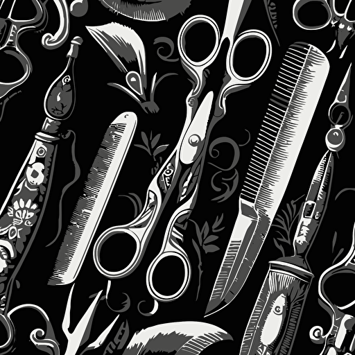 repeating pattern, barbershop clippers and shears, black and white, hd, detailed vector art