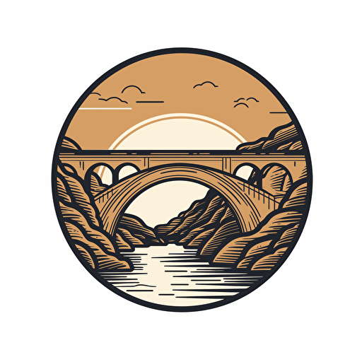 a company logo featuring a Roman bridge, symbolizing the challenge of venturing into a new world. Incorporate elements that evoke a sense of exploration, innovation, and determination. Simple 2d vector art.