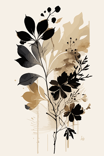 Simple beige and black abstract watercolour botanical illustration, vector
