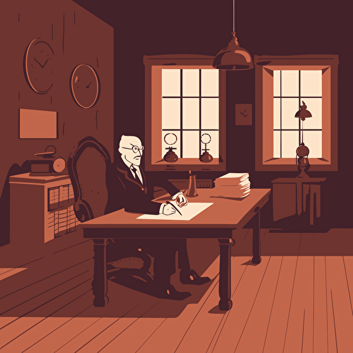 a front shot vector illustration of a notary public sitting on a leather chair signing a contract on a big wooden desk in his old office