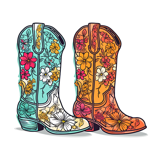 adorable brightly colored pair of cowboy boots with floral design on a white background + doodle style + white background + simple vector + bright colors