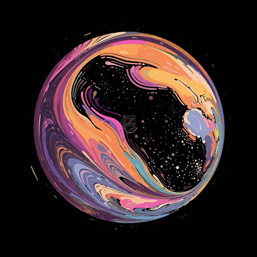 earth on black background, 2d vector, spirals, purple, yellow, white, orange and pastel colors
